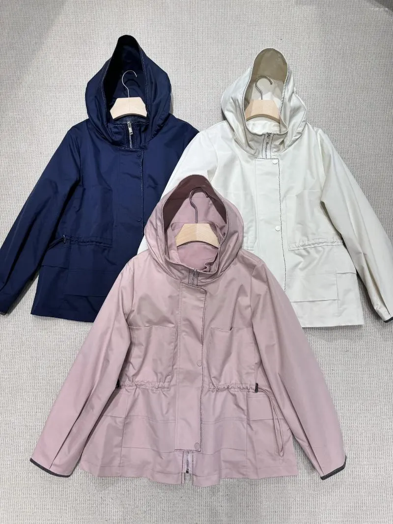 Women's Trench Coats 2024 Spring Bc Drawstring Elastic Waist Casual Windbreaker Simple And Capable Bead Chain Hooded Jacket