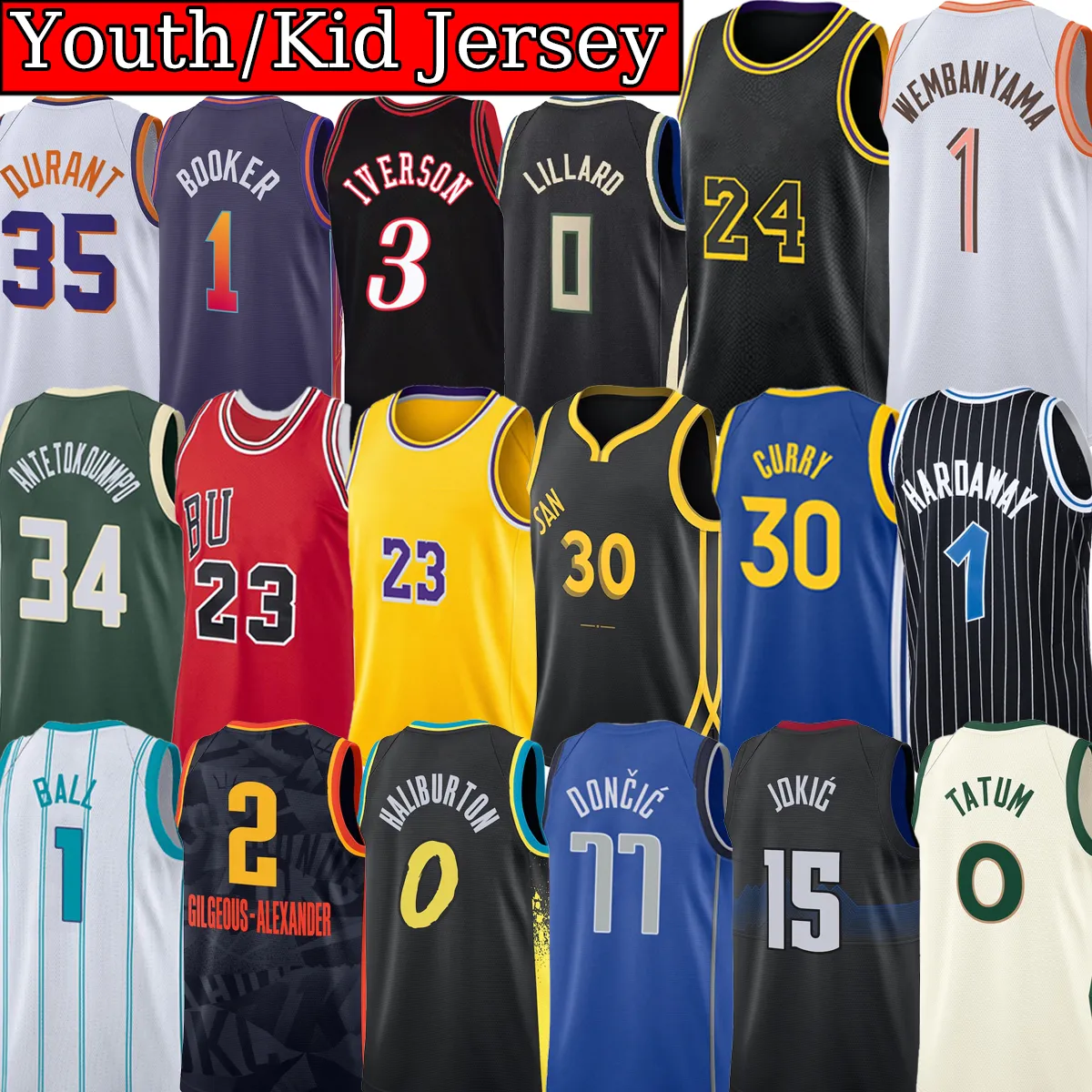 Jersey de basquete para crianças para jovens costura LeBron 6 James 23 Bryant Stephen Curry Michael Bird Durant Iverson Butler Wembanyama Giannis Antetokounmpo Jersey Kids