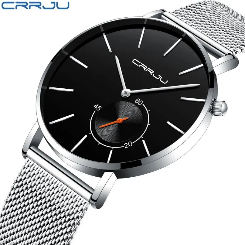 新しいファッションのシンプルな男性がcrrjuユニークなデザインブラックカジュアルクォーツ時計男性豪華なビジネス腕時計zegarek meskie222u