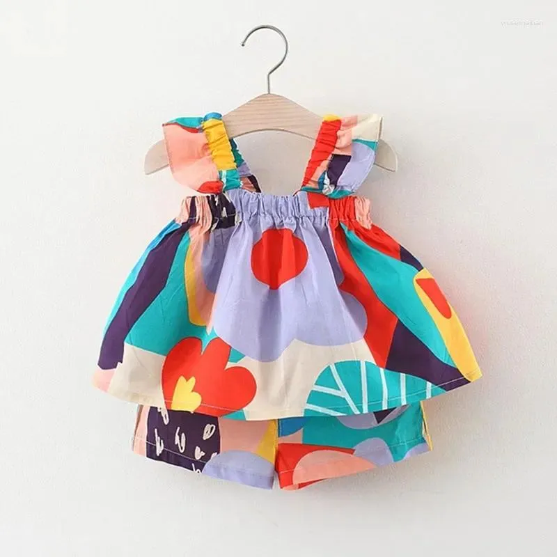 Conjuntos de roupas verão bebê meninas suspender top cor combinando floral colete crianças calças casuais crianças roupas terno