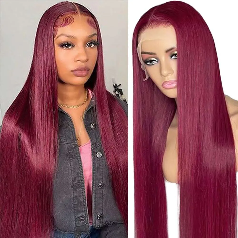 Zormsert 13x6 Hd Pre Plucked Straight 99j Bury Lace Front Wigs Colored with Baby 180% Density Glueless Red Human Hair Wig for Women 24 Inch