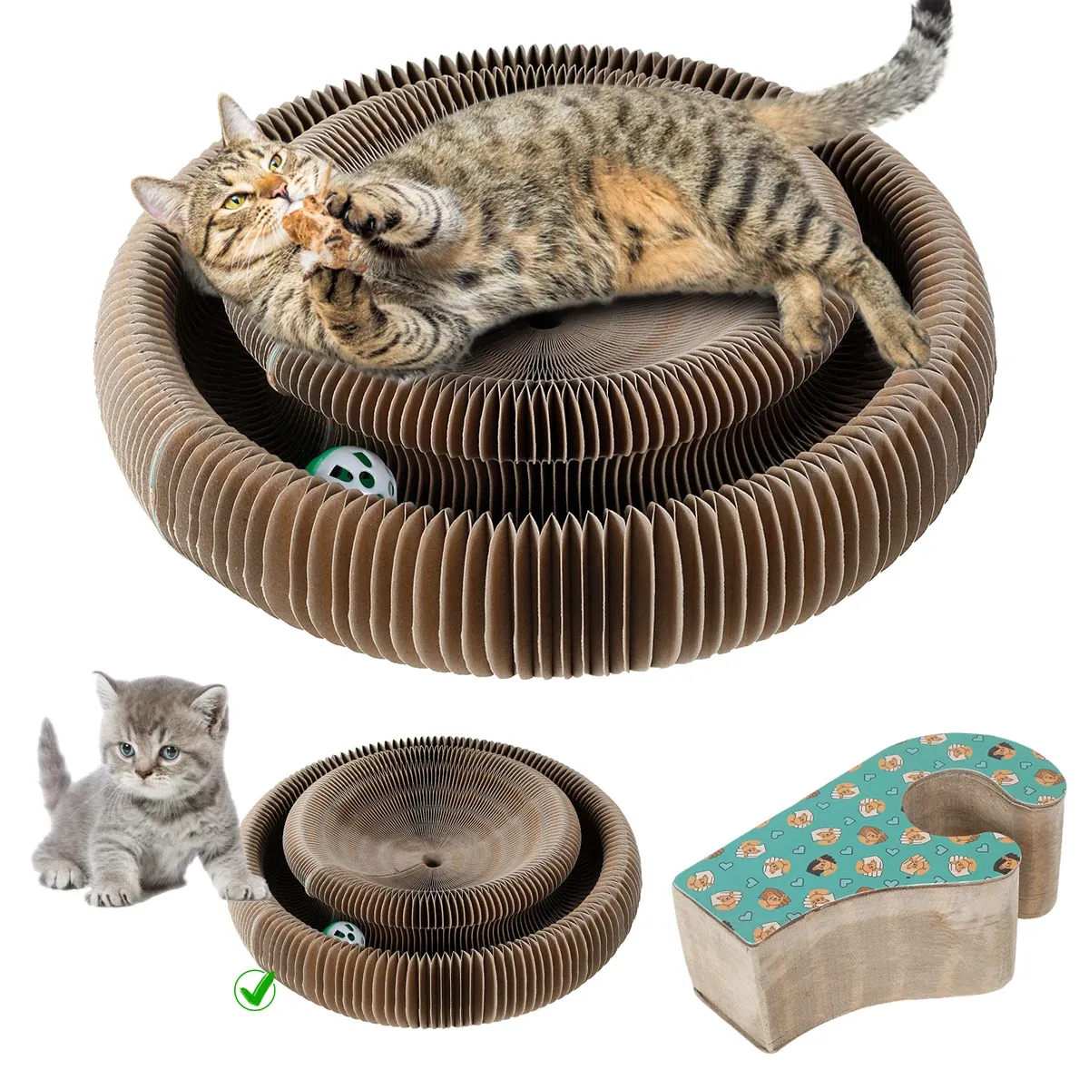 Esteiras órgão mágico gato arranhando placa gato acordeão scratcher com bola de brinquedo dobrável e durável gato scratcher