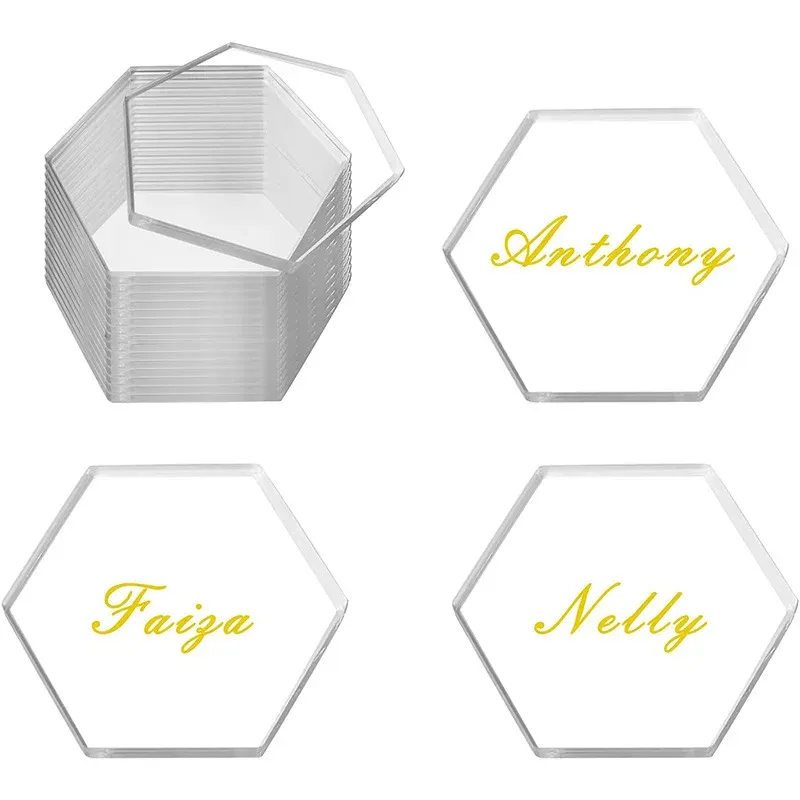 Hantverk 2/4mm Clear Acrylic Place Seat Card Wedding Bankett Blank Hexagon Tile Namn Tabellnummer Kort för födelsedagsfestdekorationsskylt