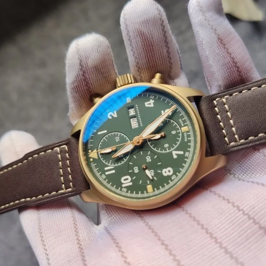 41 mm echte Bronze -Hülle Automatisch 7750 Chronograph Pilot Männer Watch Saphirkristall wasserdichte Armbanduhren Echtes Lederband Date302o