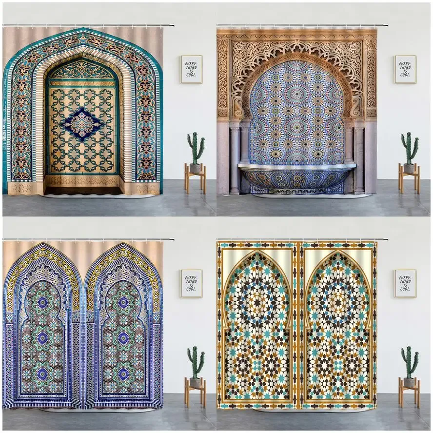 Шторы винтажные марокканские двери для ванной, креативный дизайн, бохо, этнический ретро-декор, современная ткань, комплект занавесок для душа для ванной комнаты с крючками