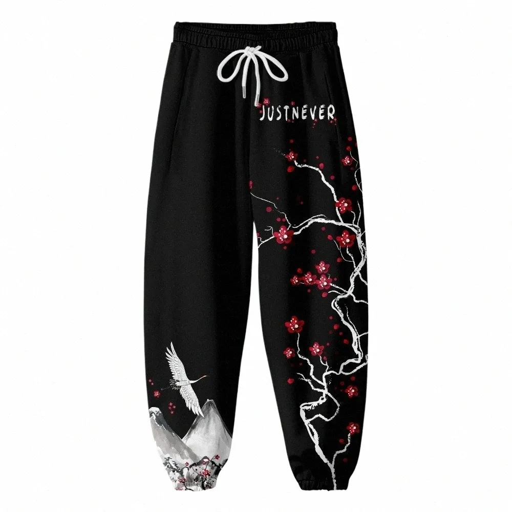 Uomini casual hip hop nero plum blossom stampa pantaloni da carico joggers pantaloni pantaloni della tuta streetwear d1xr#