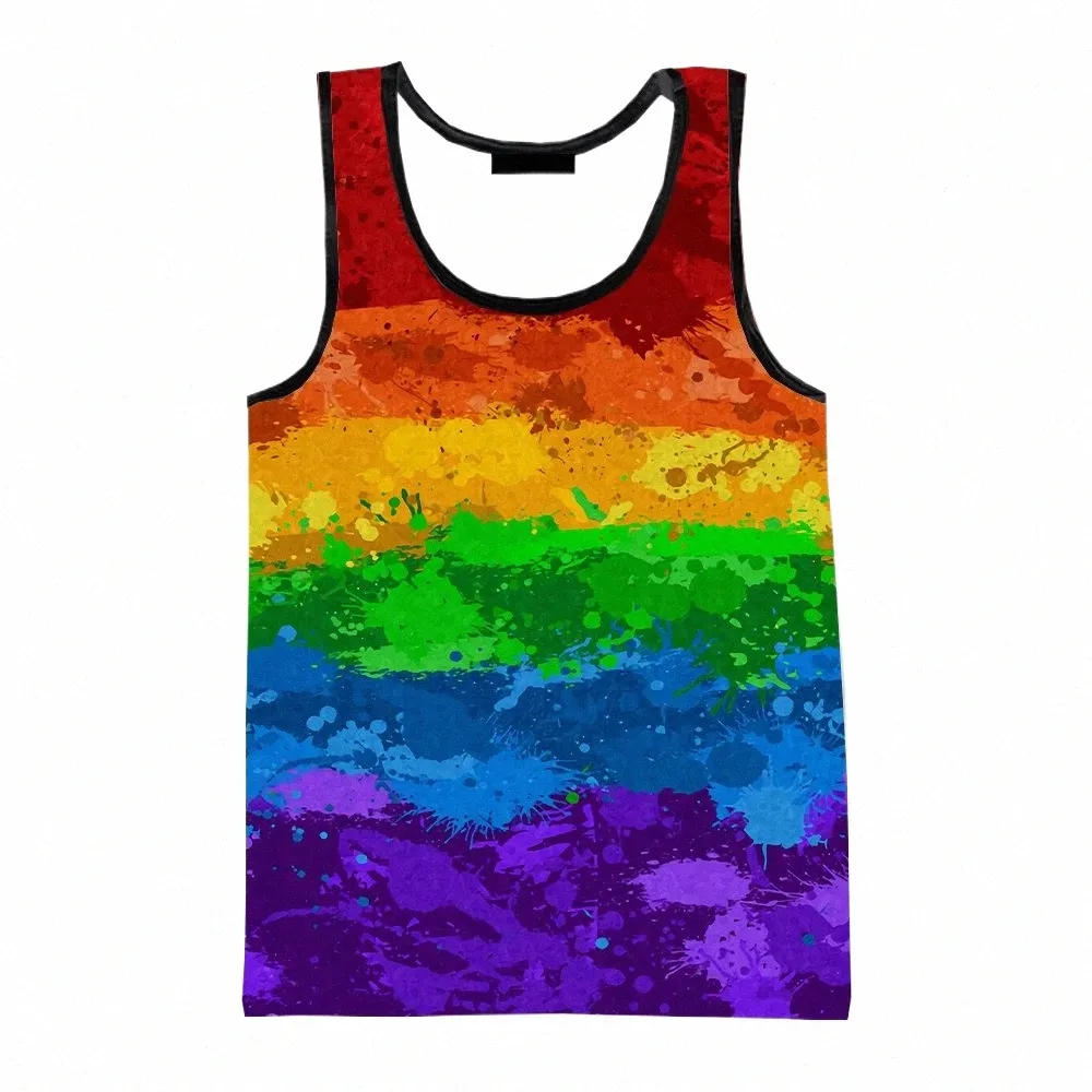 Regenboog Geschilderd Splatter Sleevel Ronde Hals Vesten 3D Print Man/Vrouwen Fi Campagne Vest Zomer Oversized Gym Kleding mannen W4Q5 #