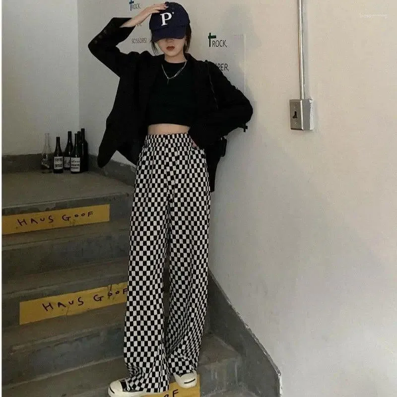 Pantalon Femme Noir Et Blanc Damier Pantalon Tendance Polyvalent Jambe Droite Style Plisse Jambe Large Pantalon De Vadrouille Ample Du 18 2 DHgate