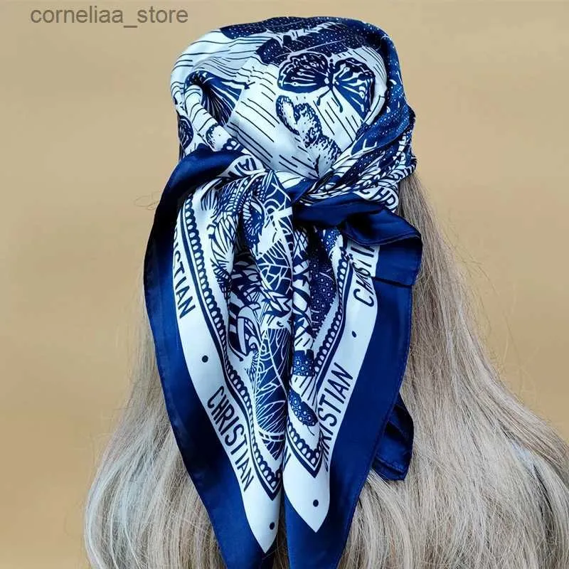 Bandanas Durag Bandanas Durag New 70x70cm Square Scarves Luxury Style Sunscreen Silk Hijab Women Popular Design Kerchief The Four Seasons Beach Headscarf Y240325