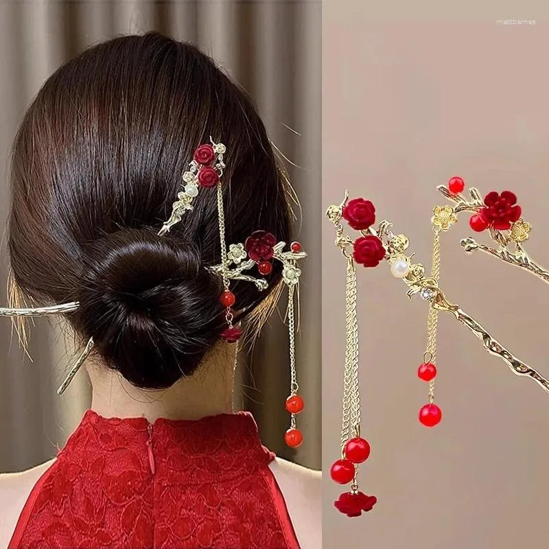 Pinces à cheveux Style chinois, épingle à cheveux rouge, bonne chance dans l'année, pompon à l'arrière de la tête, accessoires pour femmes