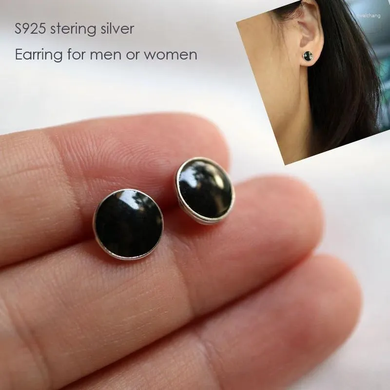 Pendientes de tuerca Plata de Ley 925 auténtica de moda para hombres y mujeres joyería pura S925 pendiente negra Unisex