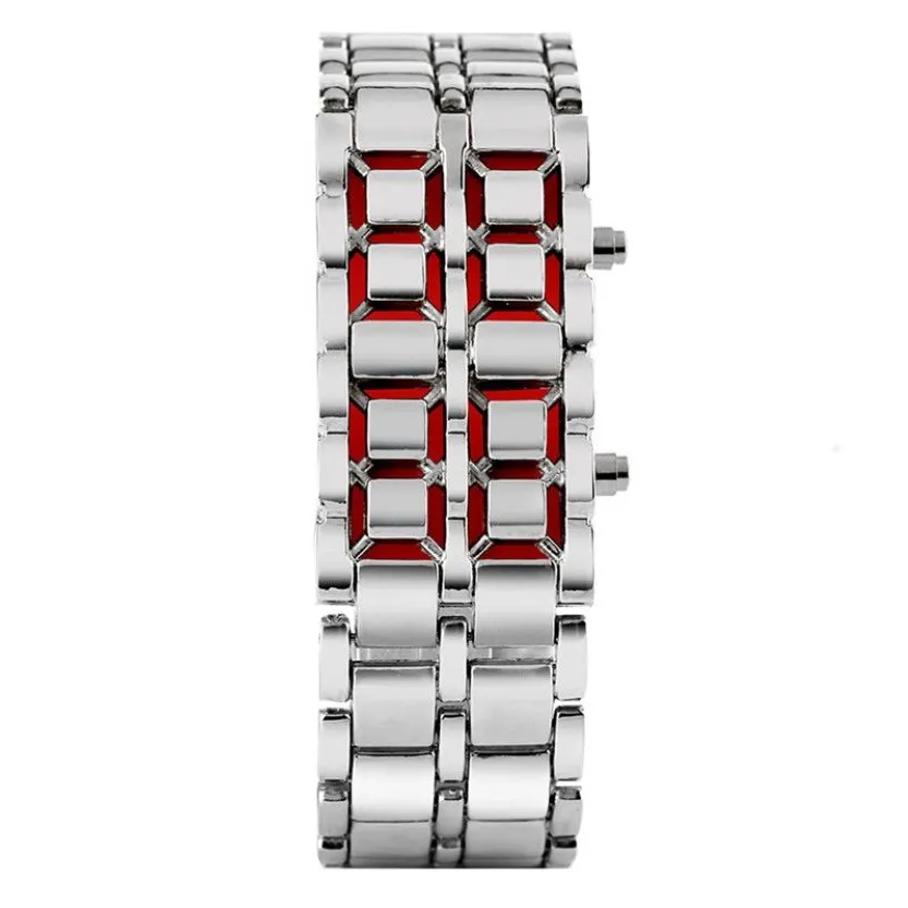 Fashion Black Silver Full Metal Digital Lava Wrist Watch Men Red Blue LED Display Men's Watches Gifts for Male Boy Sport Crea236a