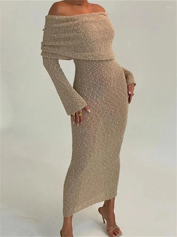 Casual Dresses Off-Shoulder Seugh-paljett maxi klänning kvinnlig lapptäcke elegant hög midjeparti ser kvinnor mode länge