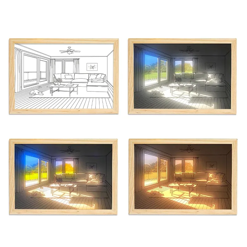 Frame Nieuw Led-lichtschilderij USB-stekker Dimmen Muurkunstwerk Tafellamp Cadeau Binnenzonlicht Venster Houten fotonachtkunstframes