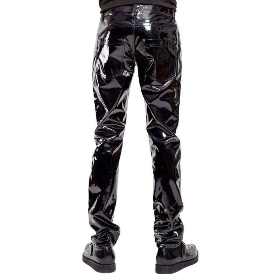 Mannelijke Zwart Lakleer Motorbike Biker Broek Glanzende Mid Taille Rechte Broek Leren Broek Mannen Wetlook Rave Party Clubwear U6yR #