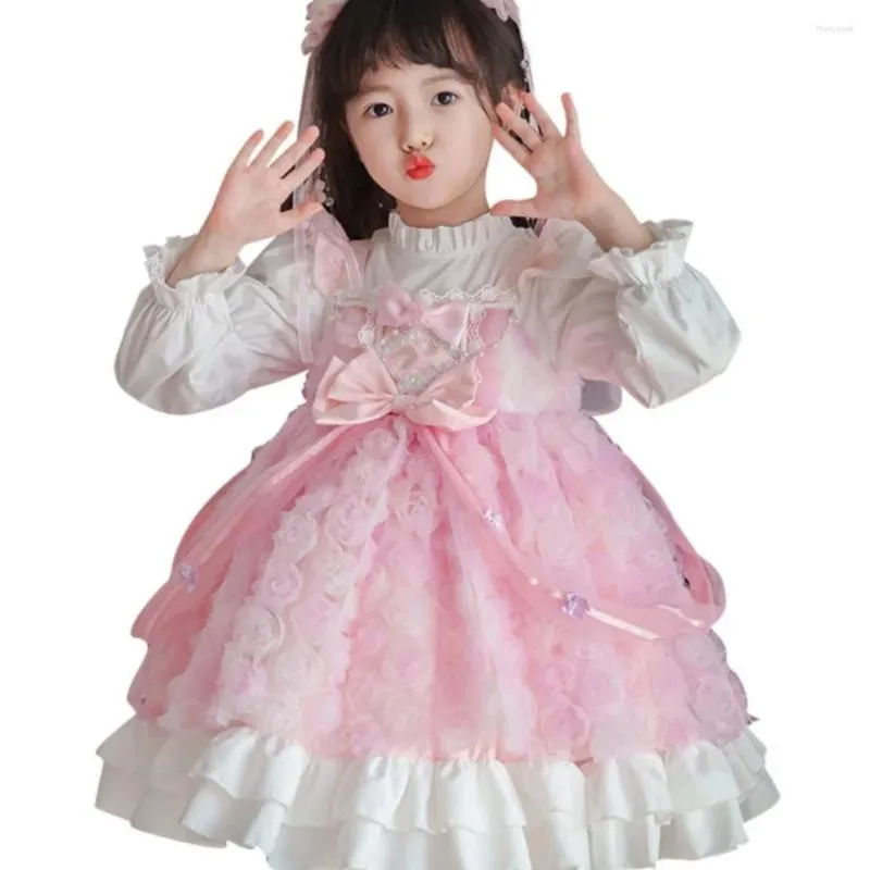 소녀 드레스 스프링 어린이 고품질 로즈 꽃 3d 거품 소매 공주 드레스 여자 로리타 어린이들을위한 공주 드레스