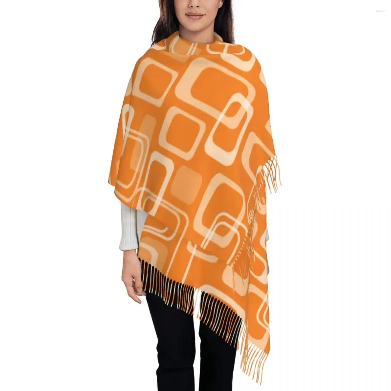 Sciarpe Sciarpa mod retrò arancione anni '60 Stampa quadrata Scialli caldi Wrpas con nappa lunga Uomo Donna Foulard grande design invernale