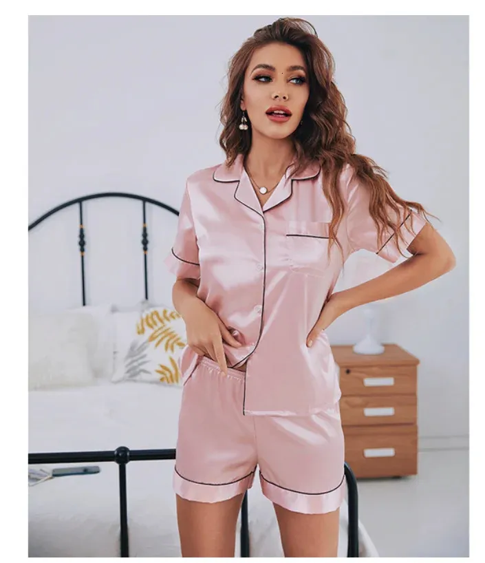 Damen-Pyjama-Set aus Seidensatin, kurzärmelig, zweiteilige Pyjama-Sets, Nachtwäsche, Loungewear, Button-Down 240314