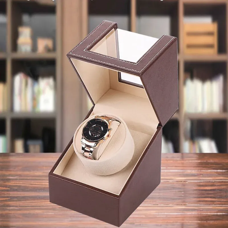 Montres Black Pu Leather Automatic Shaker Shaker Watch Mething Chain up Electric Watch Turner Momening Motor Box Mécanical montre