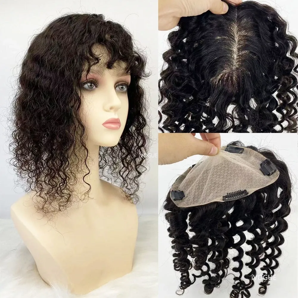Toppers virgem brasileiro remy cabelo humano topper com franja clipes encaracolados no cabelo pele couro cabeludo peruca base de seda sobreposição para mulheres