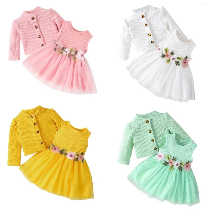 Giyim setleri zdhoor 2pcs kız kızlar pamuk elbise ve kolsuz çiçek örgü örgü uzun kollu örgü sundres