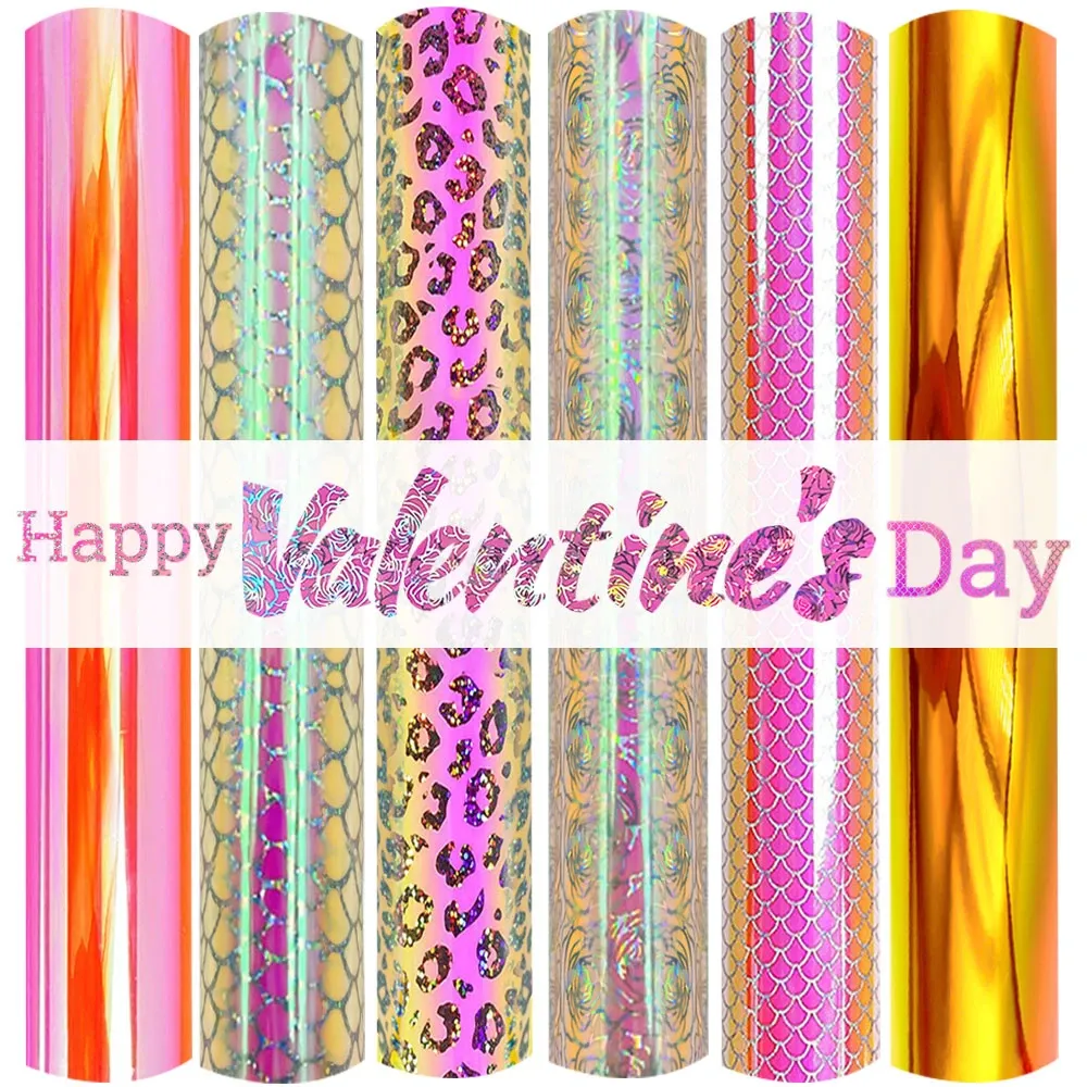 Films 6 Sheets Holographic Iridescent Permanent Vinyl Valentine's Day Adhesive Vinyl 12"x10" for Cup Craft Signs Home Decor for Cricut