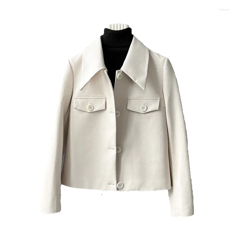Veste de printemps courte en cuir véritable pour femme, costume blanc ajusté en peau de mouton