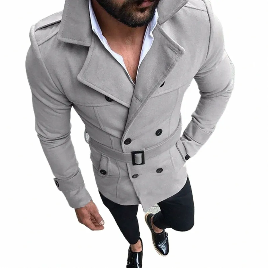 Mens Outono Inverno Slim Fit Lg Manga Trench Coat Fi Streetwear Double Breasted Windbreak Com Cinto Jaqueta de Cor Sólida q5Ua #