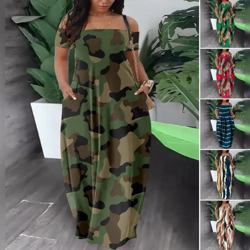 Casual Dresses Women Printed Maxi Dress Colorful Digital Print Off Shoulder With Backless Design Pockets For Plus Size Soft