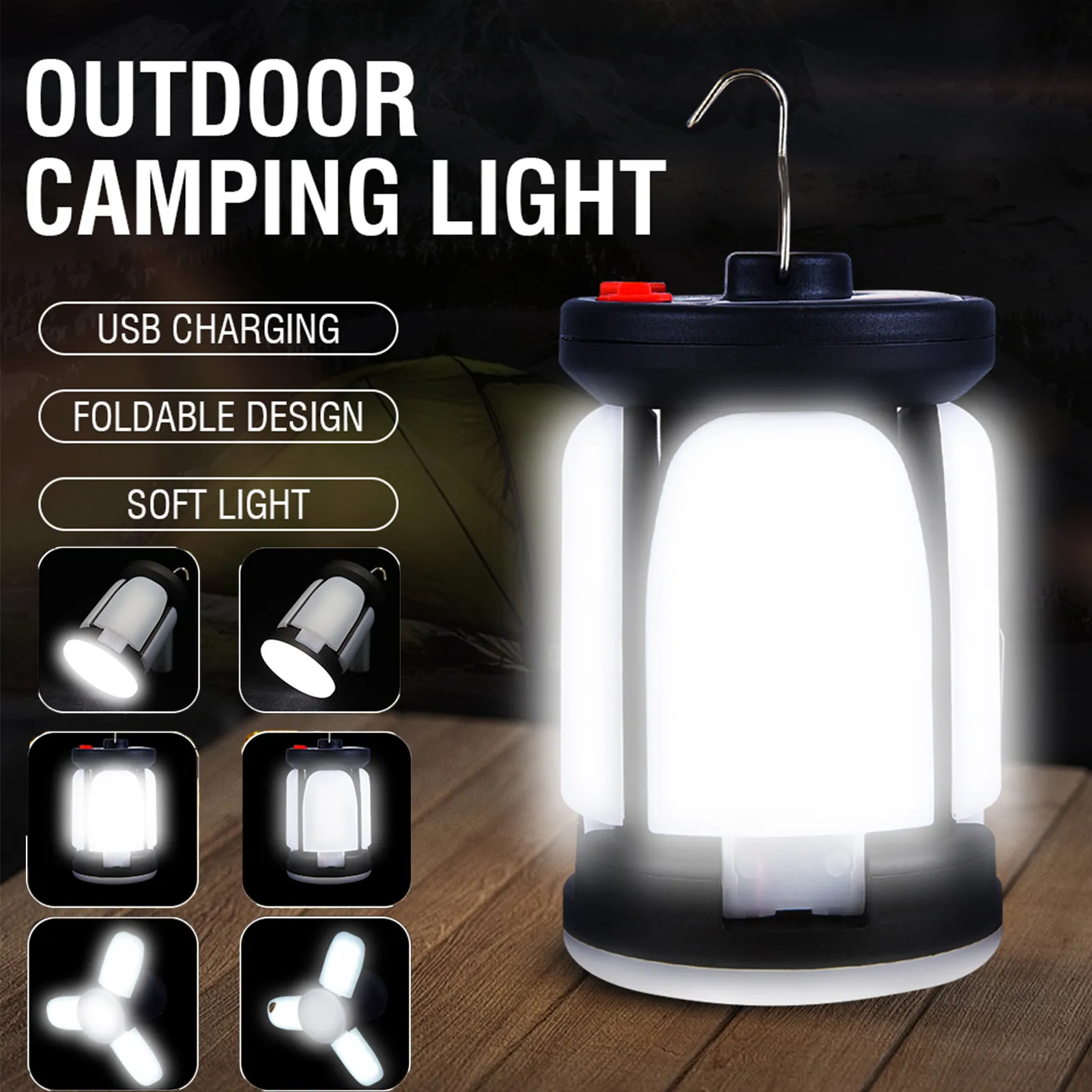 High Power Solar LED Camping Lantern Readgeble 4500mAh 1000lm Emergency Power Bank Foldbara 6 Light Lägen för campingfiske