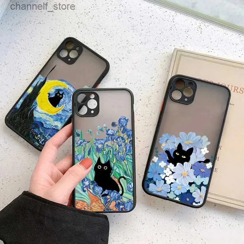 Cell Phone Cases Retro Oil Painting Van-Gogh Cat Phone Case for IPhone 15 13 12 11 Pro Max Mini 14 7 8 Plus SE2020 X XS XR Shockproof Hard CoversY240325