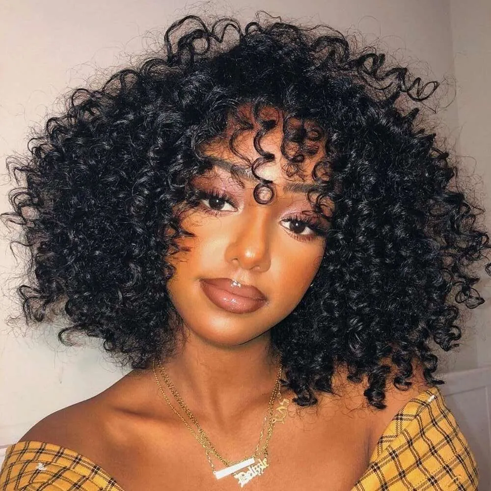 Hibiktba Short Curly Wig with Bangs 100% Brazilian Virgin Human Hair Hine Made Glueless for Women None Lace Front Wigs 12 Inch Natural Black