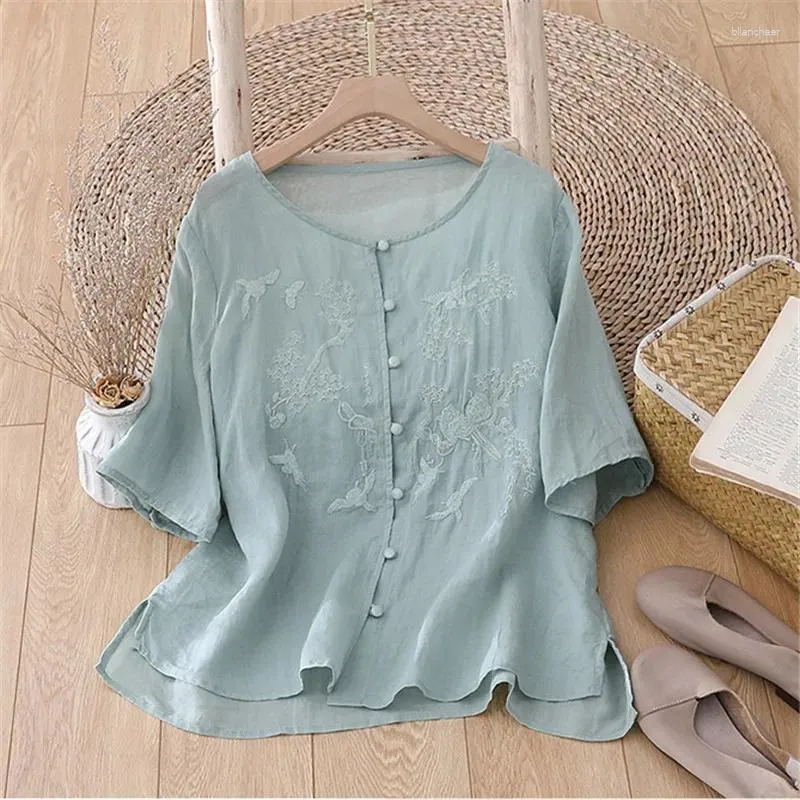 Blouses Femmes Limiguyue mince respirant été Blouse femmes coton lin broderie florale hauts Vintage simple boutonnage O cou E470