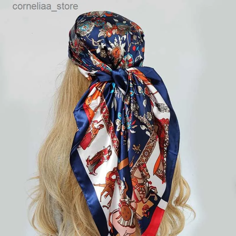 Bandanas Durag Mode Kopftuch Haar Schal Für Frauen Blumen Druck Seide Satin Hijab Schals 90*90 cm Quadrat Schal stirnband Schals Für Damen 2022 Y240326