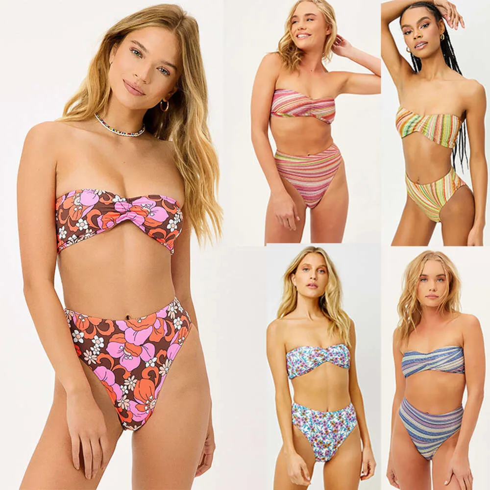 2024 Nieuwe strapless bh bikini hoge taille dames split badmode bedrukte streep badmode