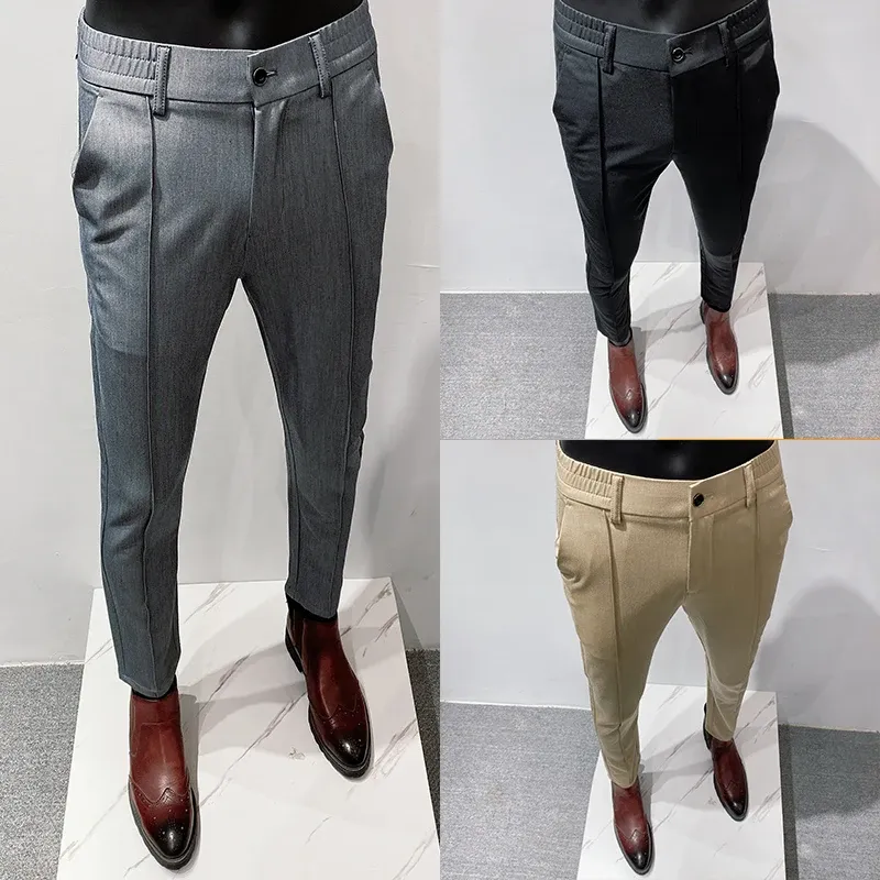 Pantalon de costume d'affaires décontracté pour hommes, couleur unie, coupe cintrée, pantalon Social de bureau, taille élastique, pantalon formel, printemps été 2024