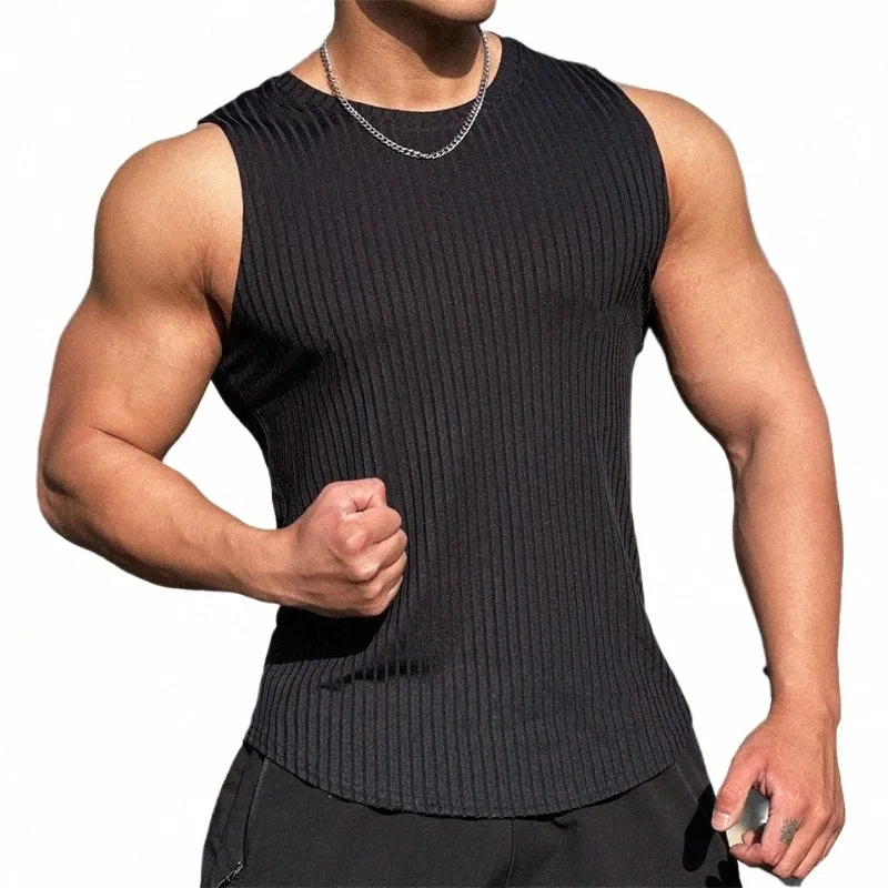 2024 Été Nouveau homme gilet gym gym mens où la chemise de manche fitn mâle Stripe Sports Vieau Under-Shirt Gyms Men Vest Z283 #