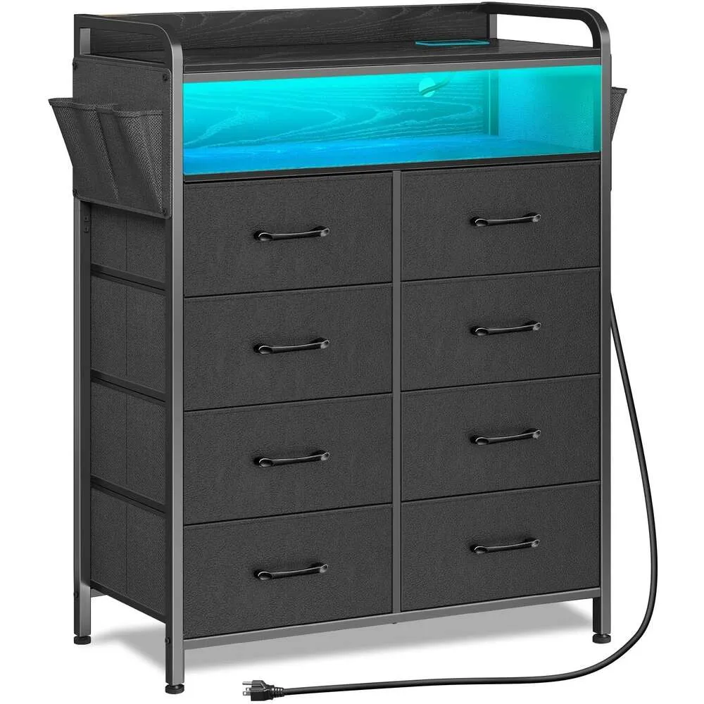 Rolanstar Power Outlets and LED Lights, 8 Side Pockets, Fabric Chest of Drawers PU Finish, Tall Dresser with Sturdy Frame & Wood Top for Bedroom, Black