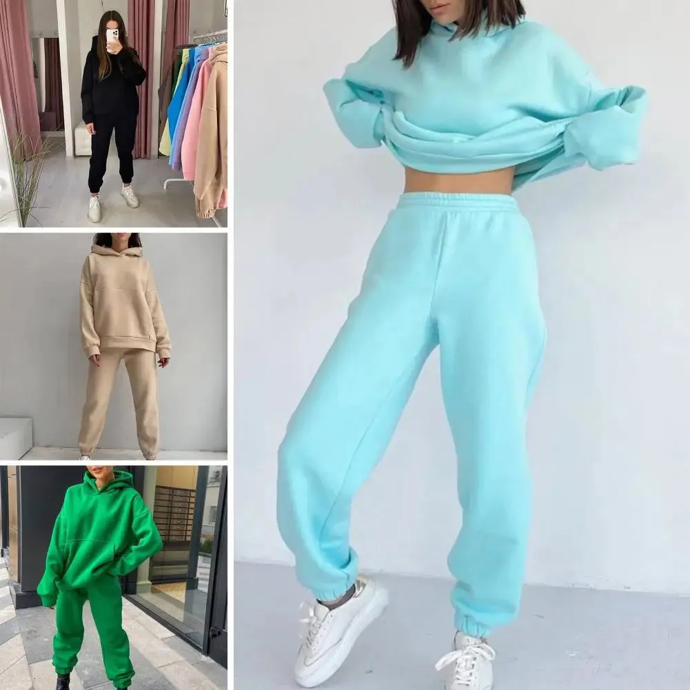 Spring Womens Sportswear 2pcs Womens Hooded Long Sleeve Elastic Tracksuits Long Pants Trousers Loose Top Casual Clothes S 240309