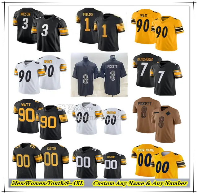 Amerikaanse voetbalshirts Russell Wilson Justin Fields TJ Watt Franco Najee Harris George Pickens Pat Freiermuth Joey Porter Jr Patrick Queen Steeler Jerome Bettis