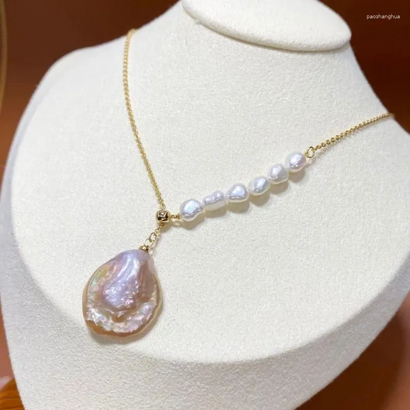ペンダントネックレス天然淡水バロック特別型のビーズカラフルな真珠ボタンピンクの紫色