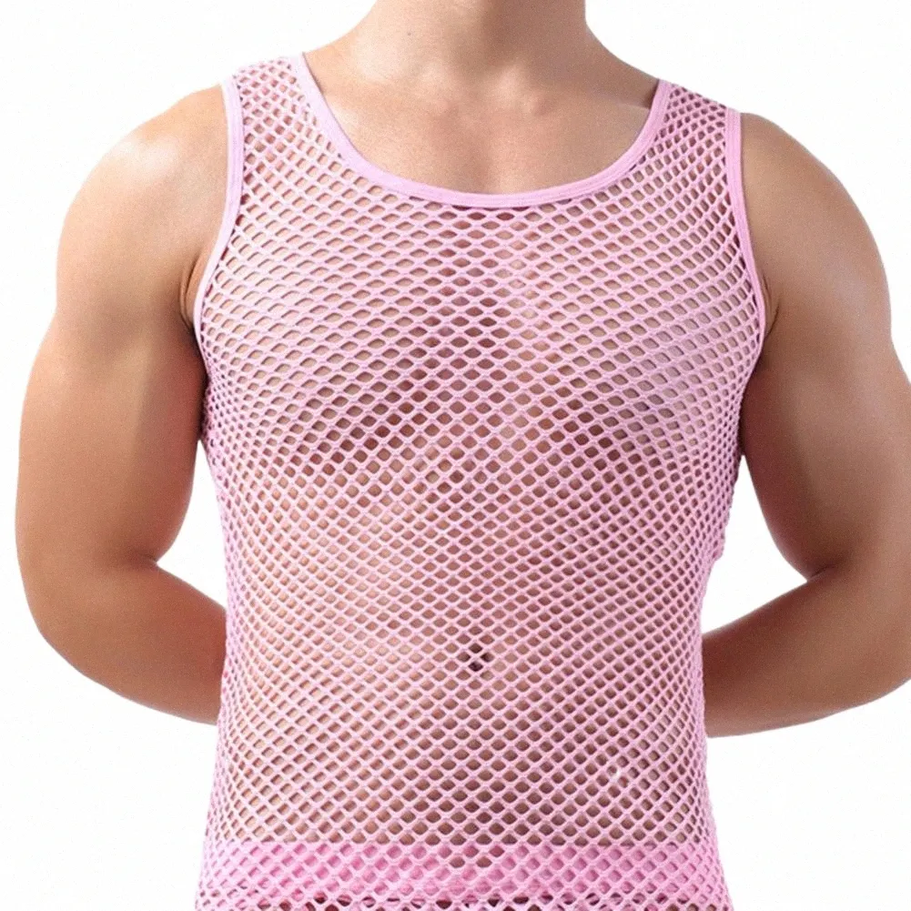 Homens Undershirt Malha See-Through Pijamas Fish Net Pure Color Colete para Slee Nightclub Sheer Tops Camisa Fishnet Muscle Top K2Mc #