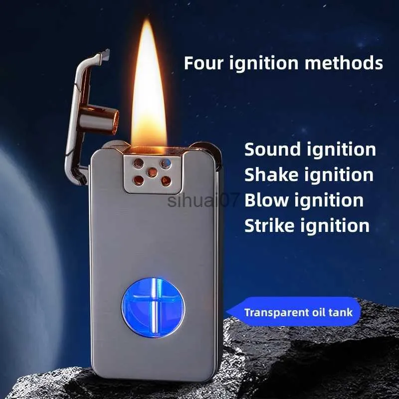 Lighters Intelligent Voice Controlled Ignition LED Blue Light Transparent Oil tank High-capacity Metal Windproof Kerosene Lighter 240325