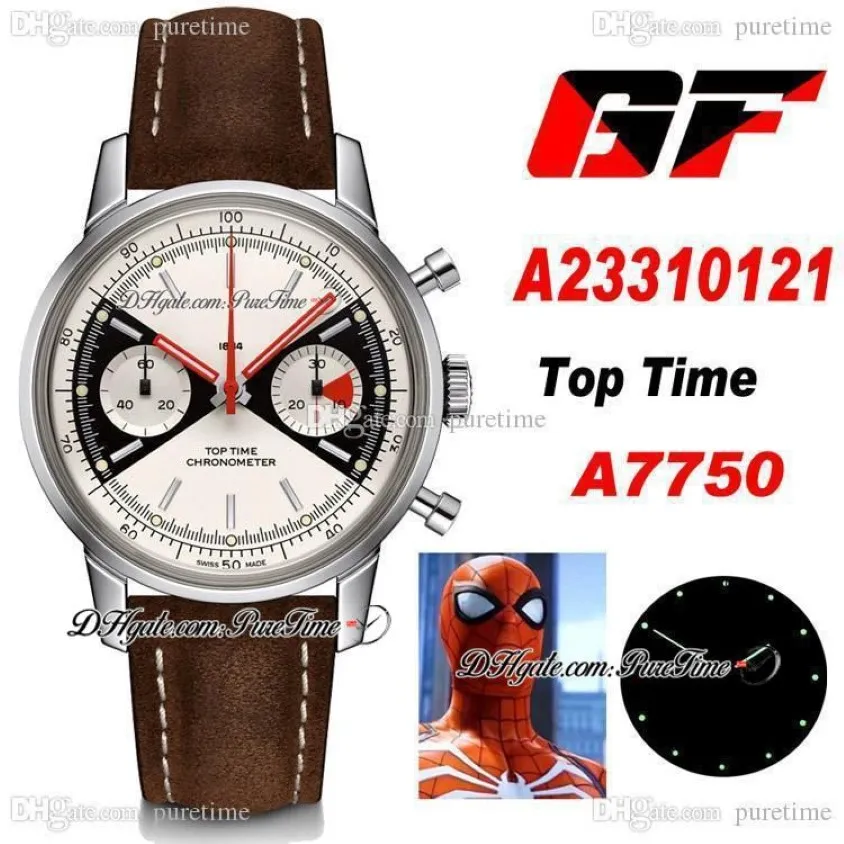 2020 جديد GF Premier Top Time Time Eta A7750 Automatic Chronograph Mens Watch White Black Dial Brown Leather Edition 41mm Ptbl Pure341r