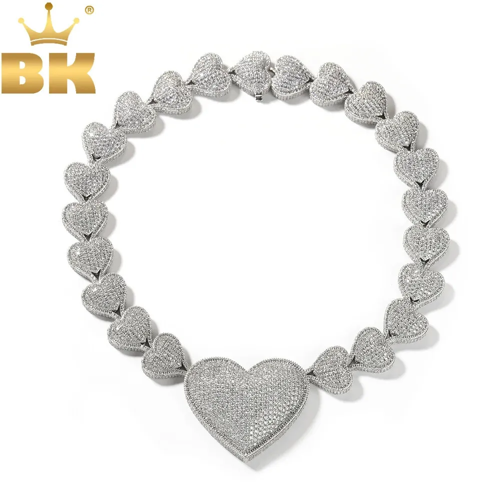 THE BLING KING 2 Sizes Big Heart Necklace Micro Paved Out Cubic Zirconia Link Chain Gift For Women Girl Hiphop Jewelry 240311