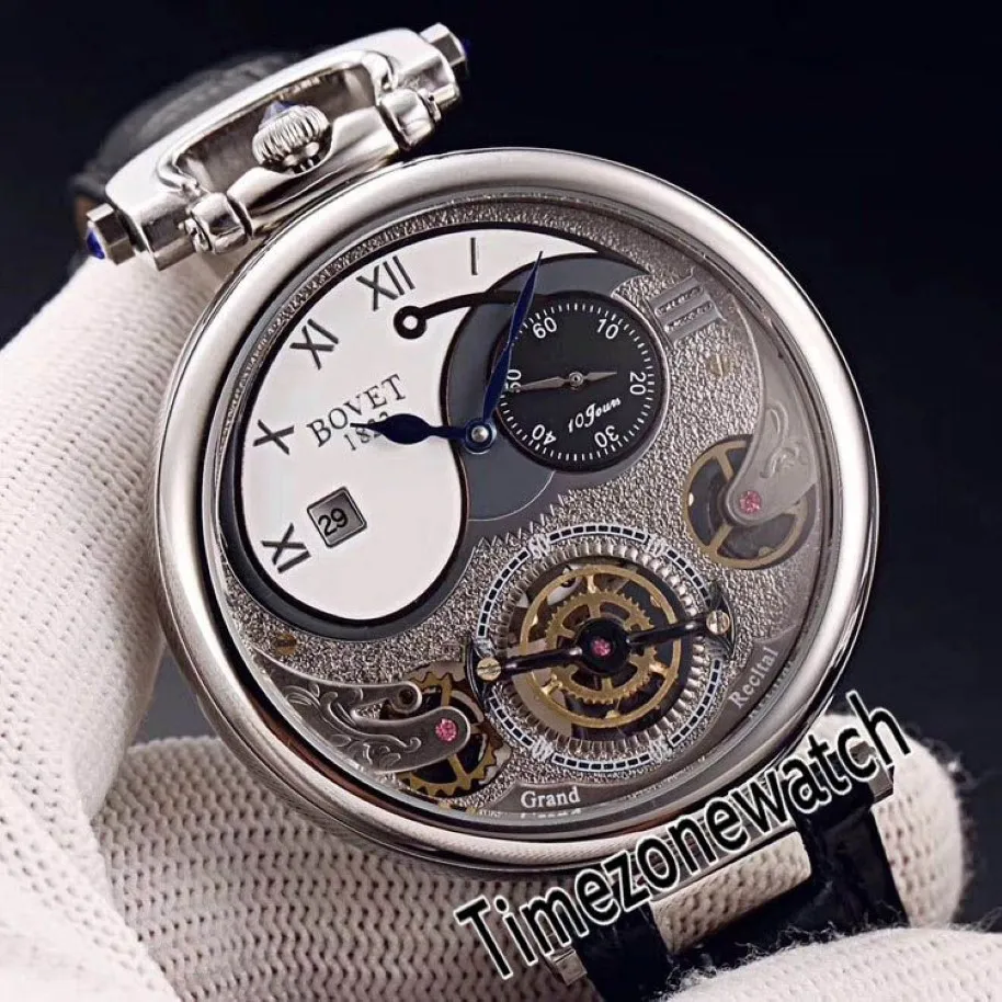 Bovet 1822 Tourbillon Amadeo Fleurie Automatisk skelett Mens Watch Steel Case White Dial Roman Markers Black Leather TimezoneWatch248p