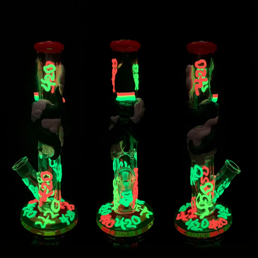 borbulhador de vidro com bongues de tubo de água de down tronco de difusor fixo, bong de argila de polímero de cor pintada à mão com padrão 420, brilho em tubos escuros de fumantes de vidro de borossilicato