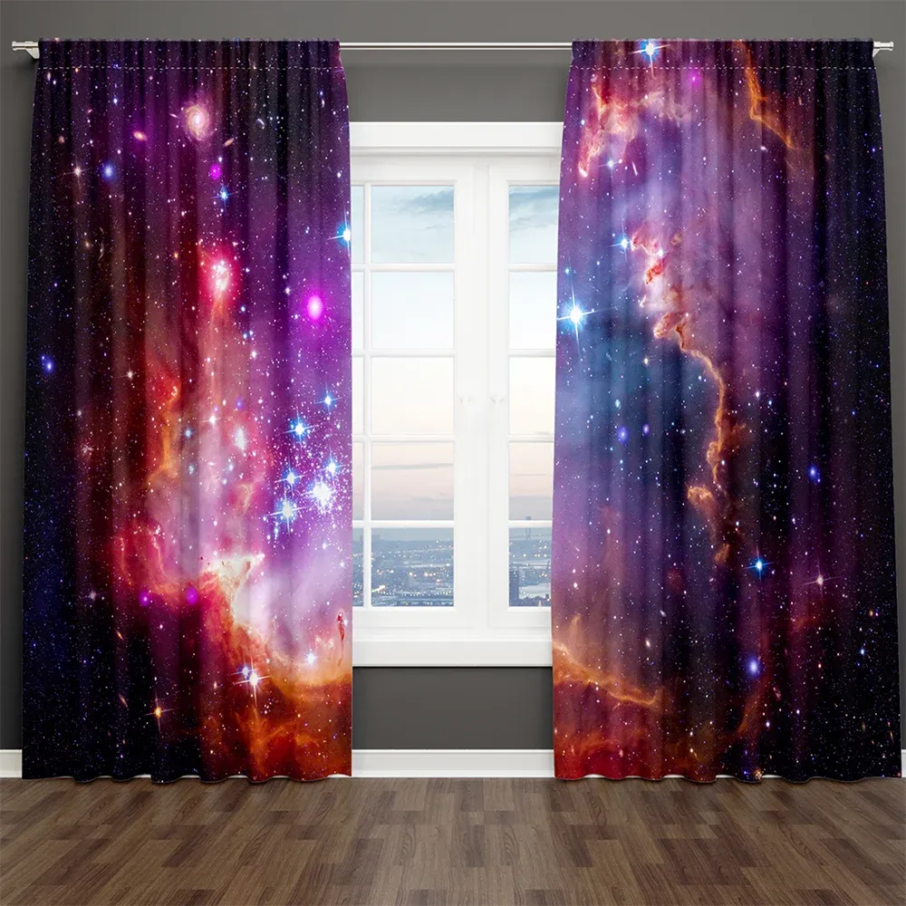 Cortinas 3D Impressão Moderna Roxo e Azul Via Láctea Noite Estrelada 2 Peças Cortina de janela de sombreamento para sala de estar Quarto Decoração Haste Bolso