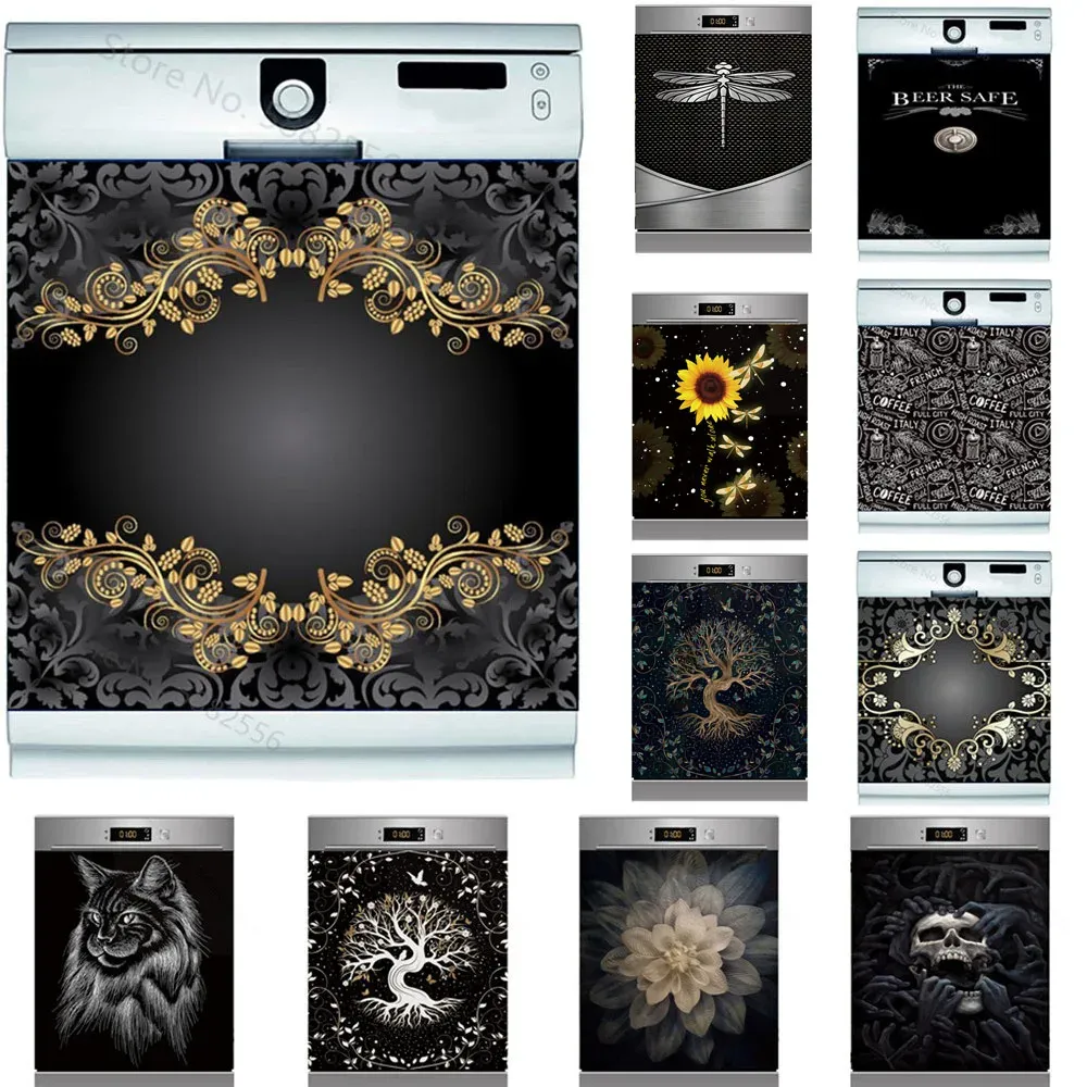 Autocollants 3D auto-adhésifs pour lave-vaisselle, autocollant mural à motif noir, couverture de porte d'art pour enfants, accessoires de cuisine, décoration de maison, salon