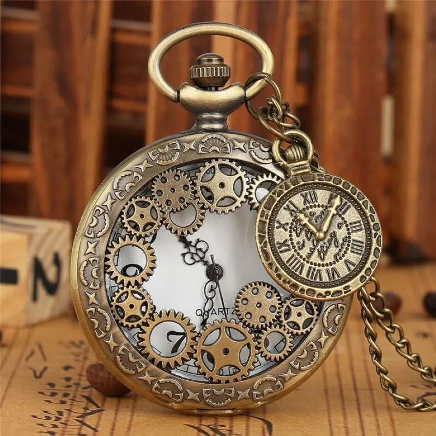 Vintage Bronze Hollow Out Gear Case Unisex Quartz Pocket Watch Antique Analog Clock Necklace Chain for Men Women Gift291r